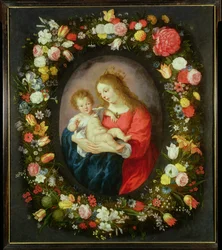 Madonna en kind in een bloemenkrans
